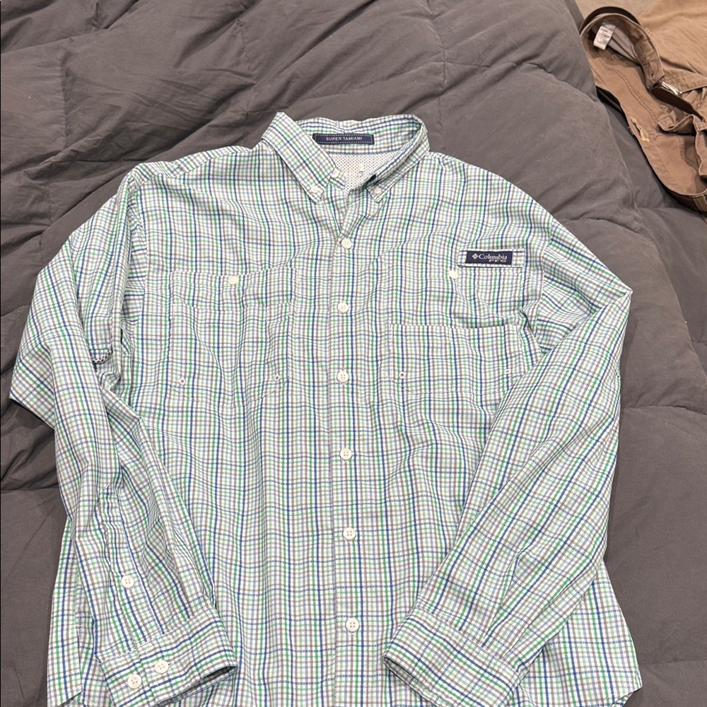 Columbia Men's Blue and Green Checkered Shirt